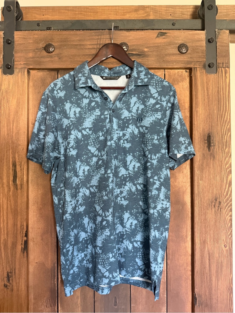 Travis Mathew Slate and Light Blue Tropical-Print Polo